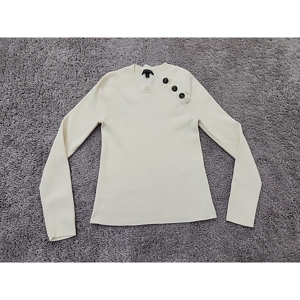 Banana‎ Republic Ribbed Knit Top Womens S Cream Long Sleeve Button Shoulder